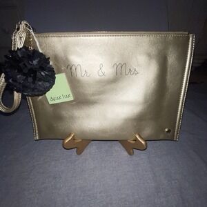 Deux Lux Gold MR & MRS Clutch Zip Pom Pom Bridal Wedding Bridal Shower NWT